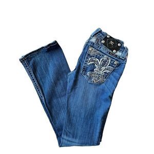 Miss Me Rhinestone Embellished Fluer De Lis Bootcut Jeans